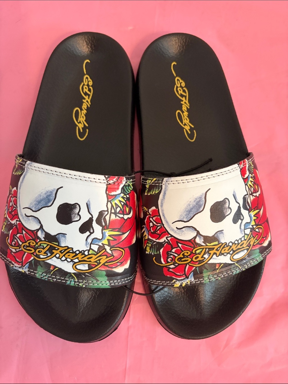 Ed Hardy Black Slides with White Skull & Red Rose Print